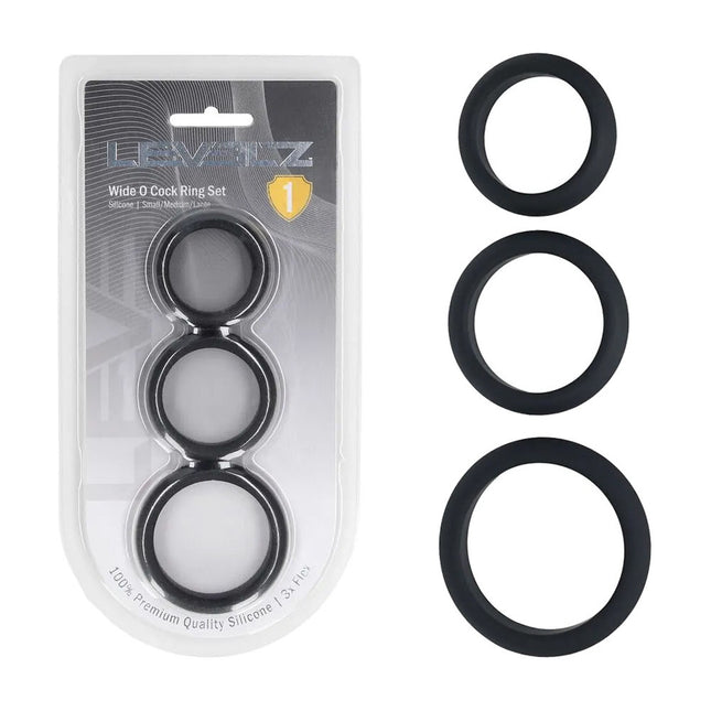 LEVELZ Wide O Silicone Cock Ring Set of 3 - S/M/L - Black Cock Rings