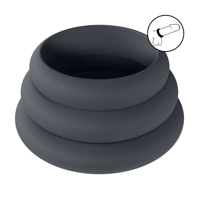 LEVELZ Wide O Silicone Cock Ring Set of 3 - S/M/L - Black Cock Rings