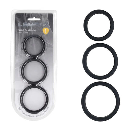 LEVELZ Wide O Silicone Cock Ring Set of 3 - L/XL/2X - Black Cock Rings