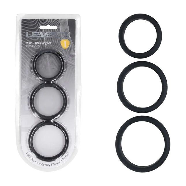 LEVELZ Wide O Silicone Cock Ring Set of 3 - L/XL/2X - Black Cock Rings