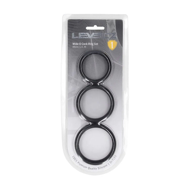 LEVELZ Wide O Silicone Cock Ring Set of 3 - L/XL/2X - Black Cock Rings