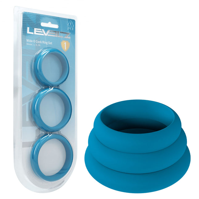 LEVELZ Wide O Silicone Cock Ring Set of 3 - L/XL/2X - Teal Cock Rings