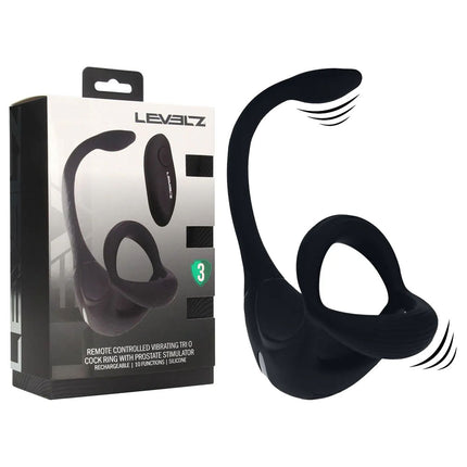 LEVELZ Remote Controlled Vibrating TriO Cock Ring with Prostate Stimulator - Black