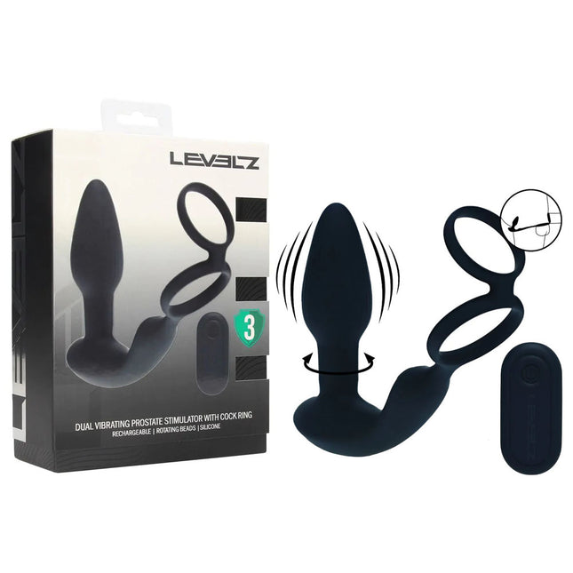 LEVELZ Dual Vibrating Prostate Stimulator with Cock Ring - Black