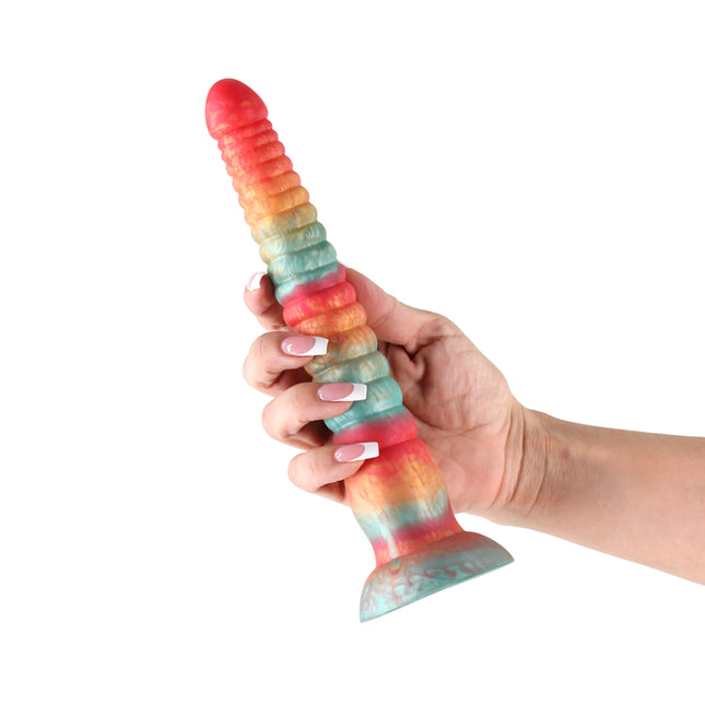 hand holding Colours Stacked Red/Gold 9 Inch Fantasy Dildo