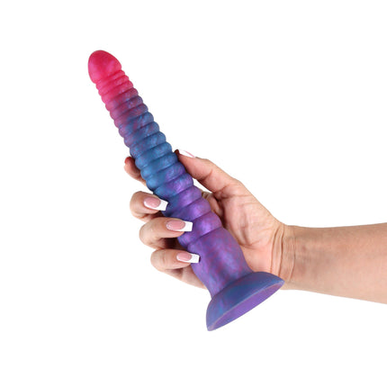 hand holding Colours Stacked Pink/Blue 9 Inch Fantasy Dildo
