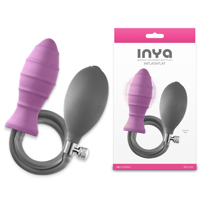 A pink inflatable butt plug with a grey base, shown both in its product form and packaging. The packaging highlights its key features, including its size and material.