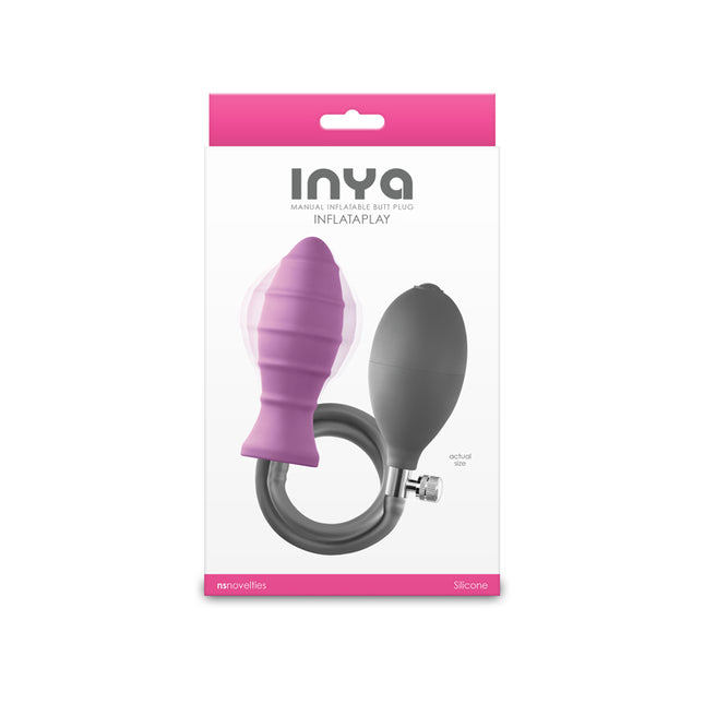 Product packaging for a manual inflatable butt plug with purple and gray design.