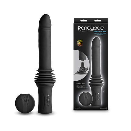 A black, 7-inch Renegade Super Stroker vibrator with a ribbed design, shown alongside its packaging and a wireless remote control. The product is displayed both in and out of its box, highlighting its features and the material it's made from.