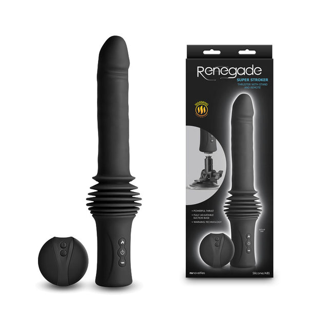 A black, 7-inch Renegade Super Stroker vibrator with a ribbed design, shown alongside its packaging and a wireless remote control. The product is displayed both in and out of its box, highlighting its features and the material it's made from.