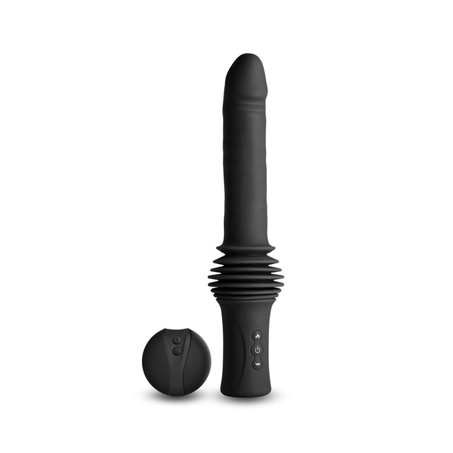 Renegade Black Super Stroker Thrusting Vibrator with remote control in white background