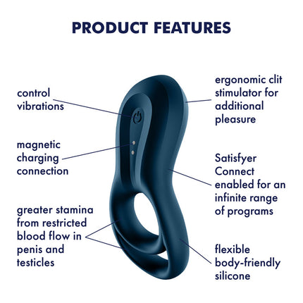 Navy Blue Satisfyer Epic Duo Cock Balls Ring with App Control Product Features Diagram