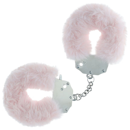 A pair of powder pink fluffy handcuffs with a secure locking mechanism and quick-release button.