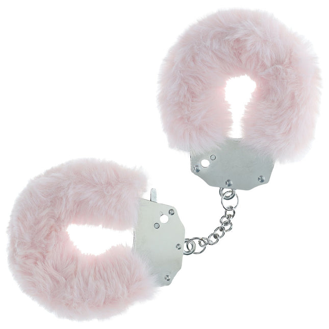 A pair of powder pink fluffy handcuffs with a secure locking mechanism and quick-release button.
