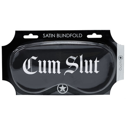 OUCH! Satin Mask Cum Slut - Black Printed Eye Mask