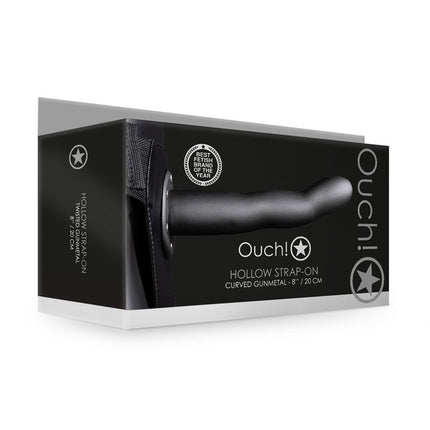 The product image shows the packaging of a gunmetal grey hollow 8 Inch strap-on. The packaging is predominantly black with some text and branding, and a small part of the strap-on is visible through a cut-out window.