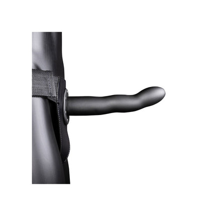 side view of OUCH! 8 Inch Curved Hollow Strap-on Dildo - Gunmetal Grey on a black manakin