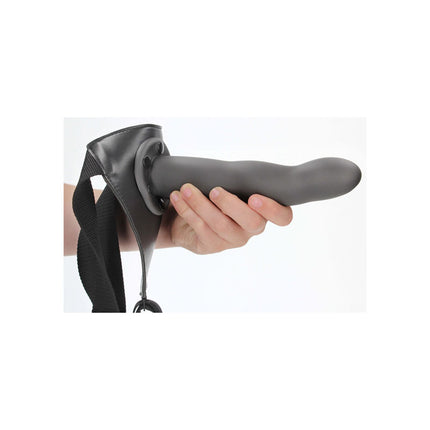 hand holding an OUCH! 8 Inch Curved Hollow Strap-on Dildo - Gunmetal Grey