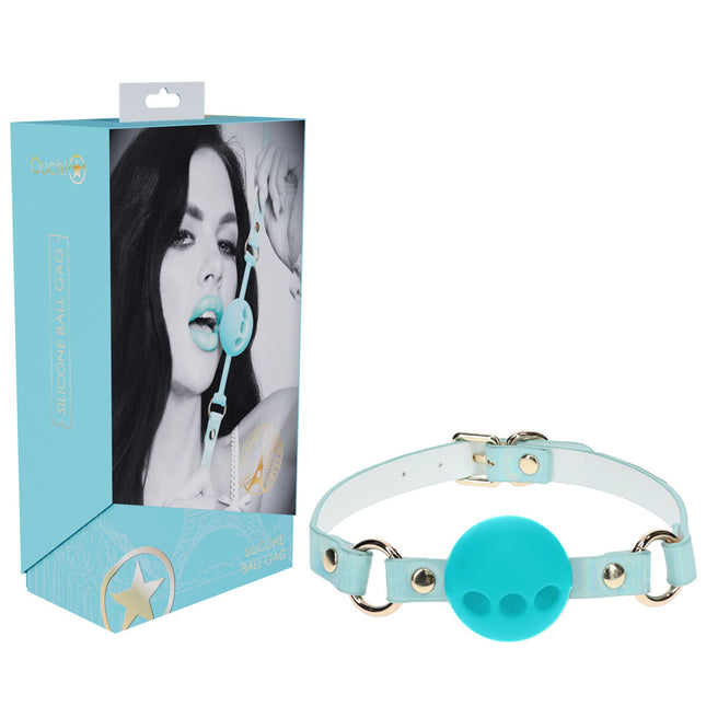 The product image shows the baby blue silicone ball gag from the Ouch! Paris Collection. It includes the gag itself with three small holes on the front, and an adjustable strap with metallic hardware.