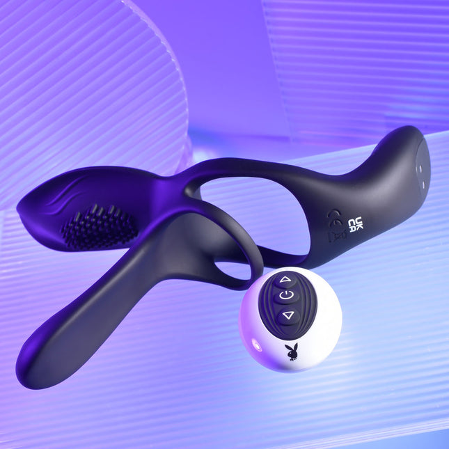 Playboy Pleasure The 3 Way Black Vibrating Cock Ring with Wireless Remote Side View