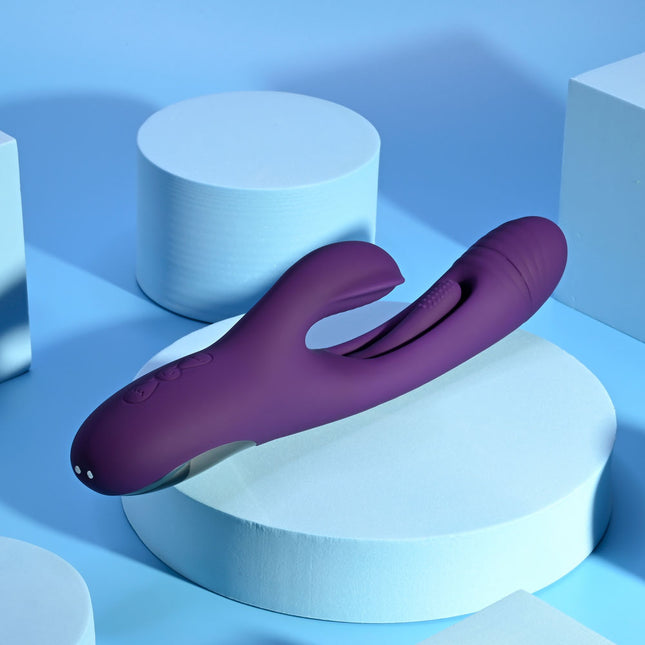Playboy Pleasure THE THRILL Purple Rabbit Vibrator on stand