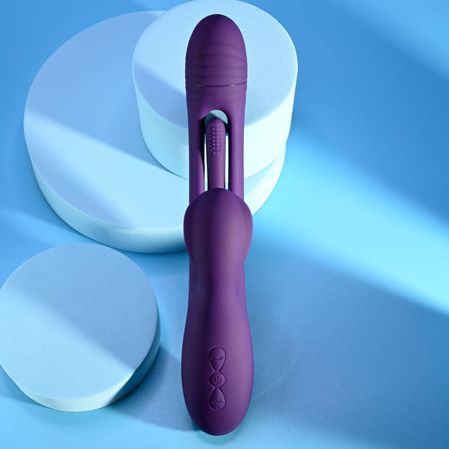 Playboy Pleasure THE THRILL Purple Rabbit Vibrator Front View with buttons