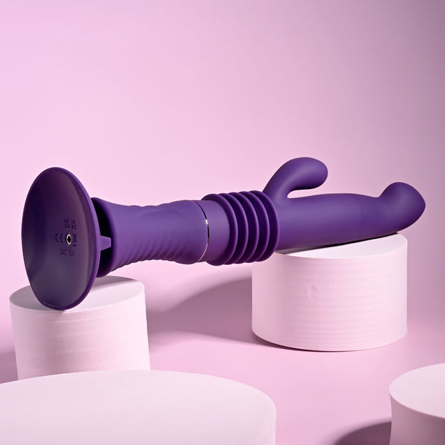 Playboy Pleasure HOPPY ENDING Purple Rabbit Vibrator Stand side view