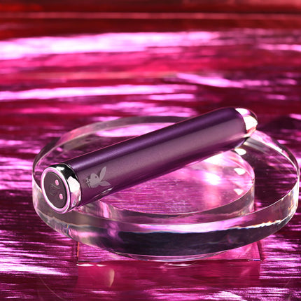 Playboy Pleasure AMETHYST Glass Bullet Vibrator Side View on a clear stand