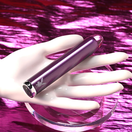 Manakin hand holding Playboy Pleasure AMETHYST Glass Bullet Vibrator