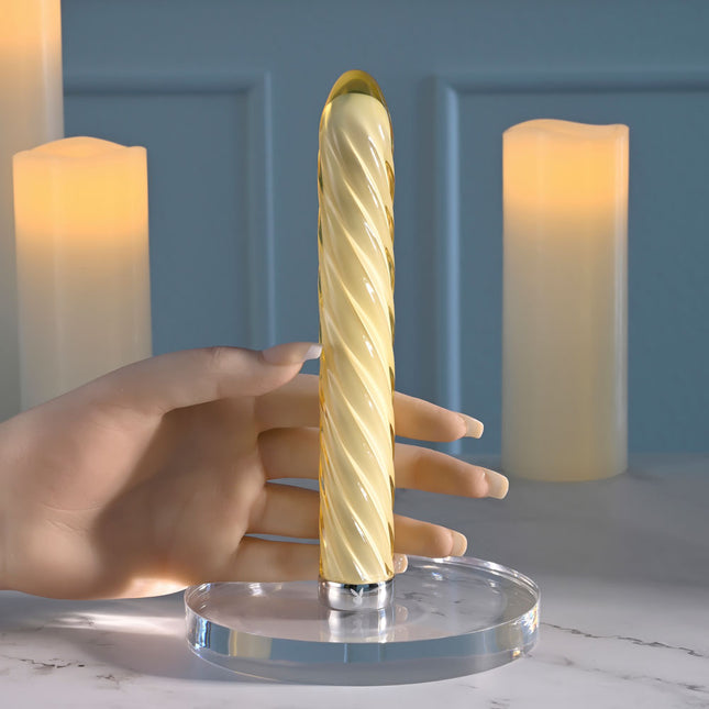 Hand Holding Playboy Pleasure TWIST OF FATE Glass Rechargeable Vibrator