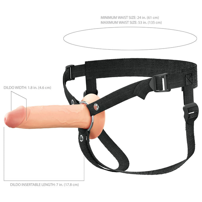 Size chart of 61cm to 135cm waist FX Elite 7 Inch Silicone Hollow Strap-On Flesh Dildo