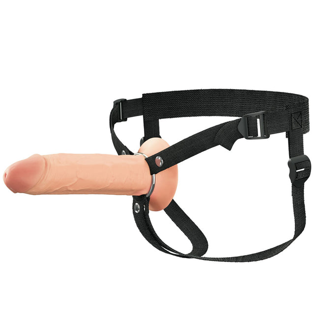 FX Elite 8 Inch Silicone Hollow Strap-On Flesh Dildo on a harness