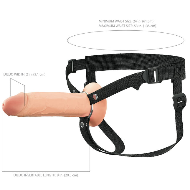 Size Chart showing waist size of FX Elite 8 Inch Silicone Hollow Strap-On Flesh Dildo