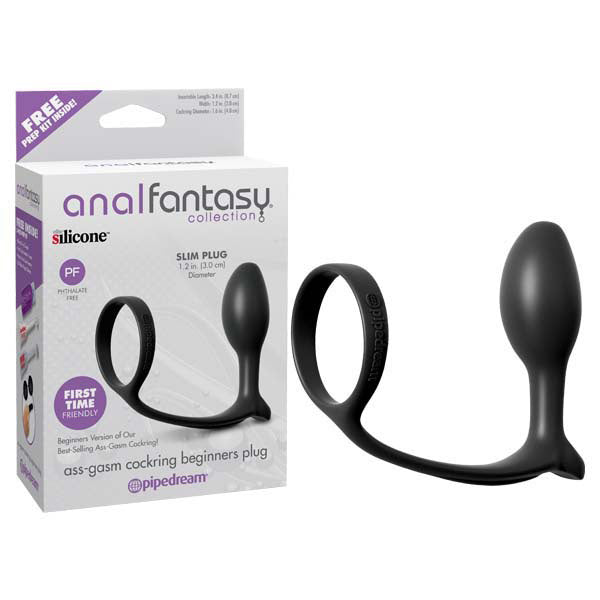 The product image shows a black cock ring with an attached anal plug. The packaging indicates it is designed for beginners from Anal Fantasy.