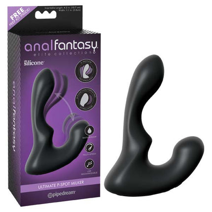 A black, ergonomically designed prostate massager with a curved tip. The product is shown alongside its packaging which highlights its key features like USB rechargeability and automated prostate massage.