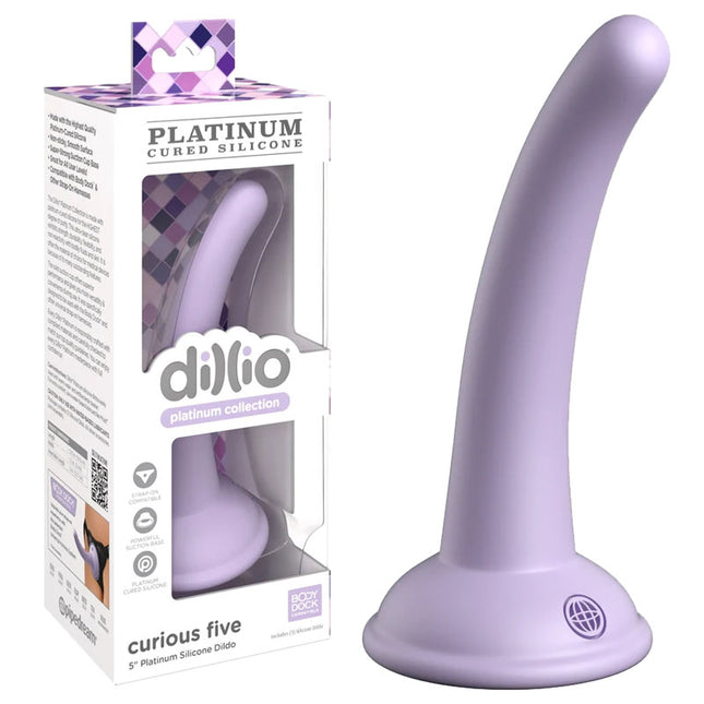 Dillio 5 Inch Platinum Curious Five Purple Dildo Front view with Case Side by Side