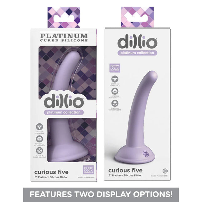 Cases side by side of Dillio 5 Inch Platinum Curious Five Purple Dildo