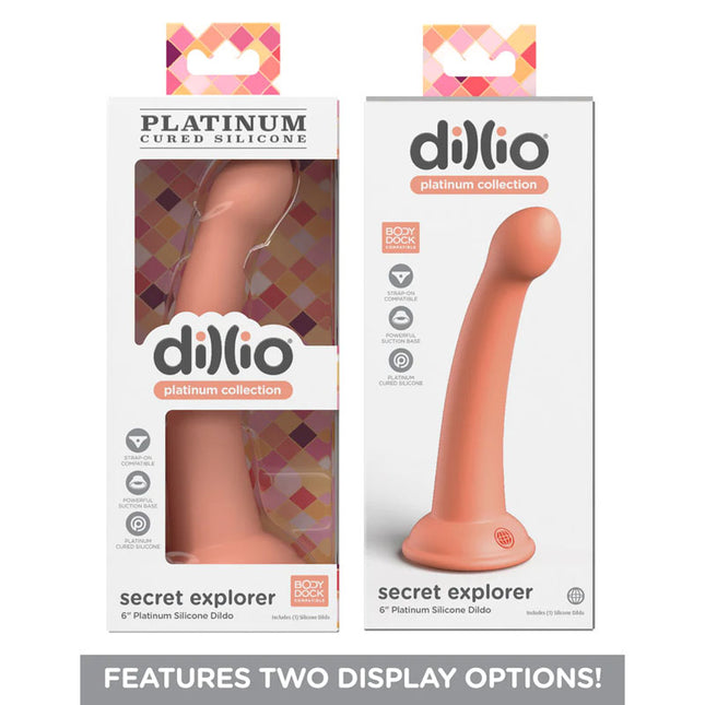 Front and Back View of cases for Dillio Platinum Secret Explorer 6 Inch Peach Dildo