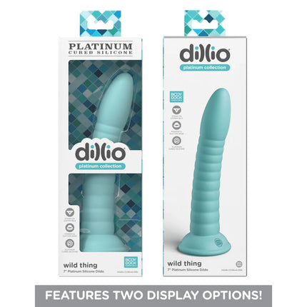 two cases side by side of Dillio Platinum Wild Thing 7 Inch Teal Dildo