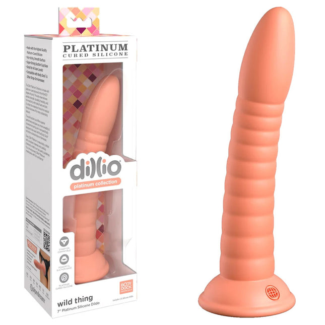 Dillio Platinum Wild Thing 7 Inch Peach Dildo with case front view