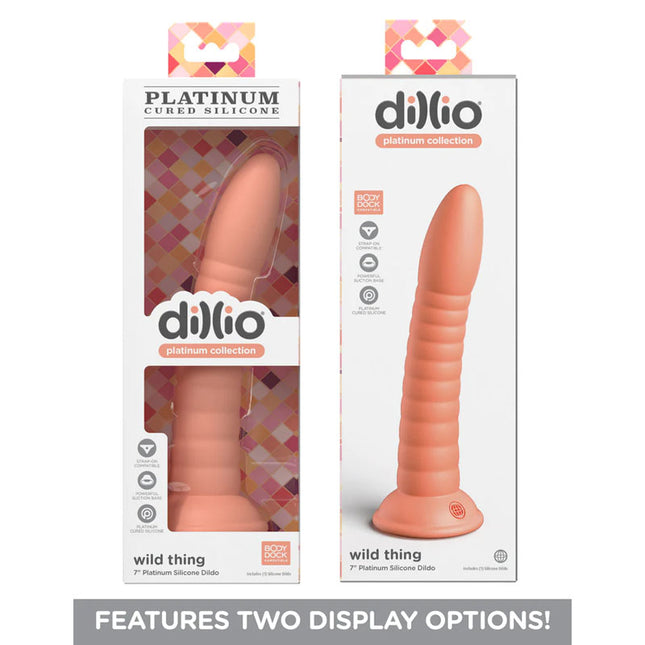 two cases side by side of Dillio Platinum Wild Thing 7 Inch Peach Dildo