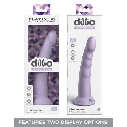 two cases side by side Dillio Platinum Slim Seven 7 Inch Purple Dildo
