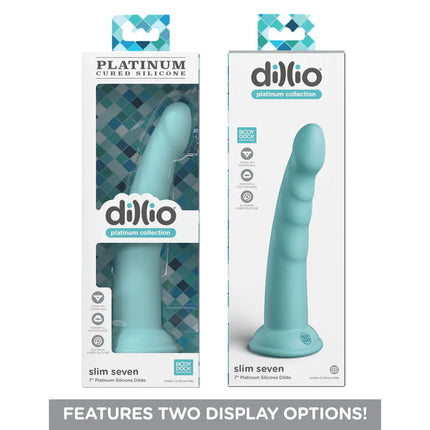 two cases side by side of Dillio Platinum Slim Seven 7 Inch Teal Dildo