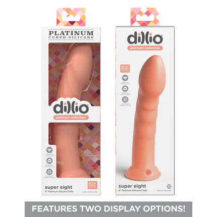 cases rear and front view side by side of the Dillio Platinum Super Eight 8 Inch Peach Dildo