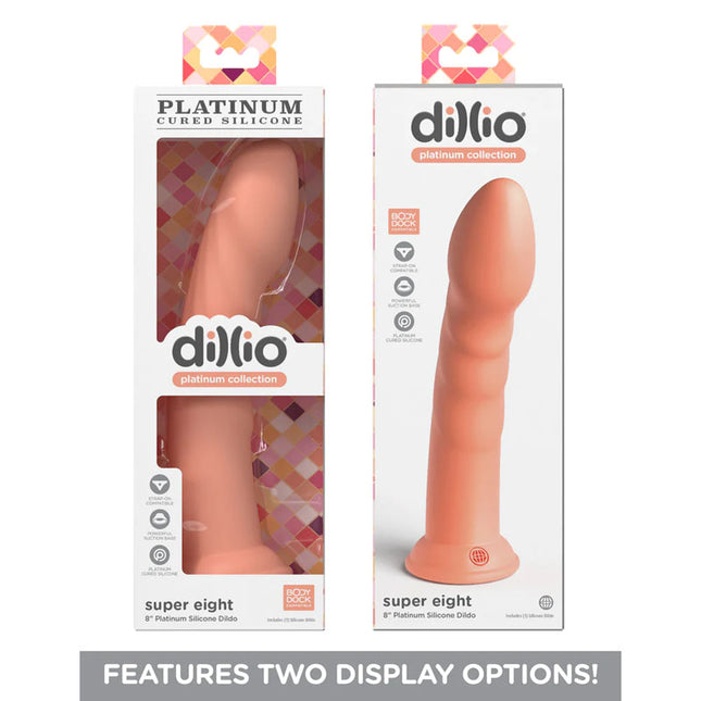 cases rear and front view side by side of the Dillio Platinum Super Eight 8 Inch Peach Dildo