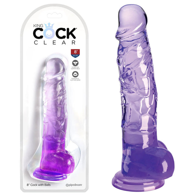 King Cock Clear 8 Inch Purple Dildo with Balls with Case