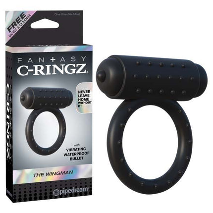 A black vibrating cock ring with a textured surface and a small bullet vibrator. The product is shown alongside its packaging, which features the product name and description.