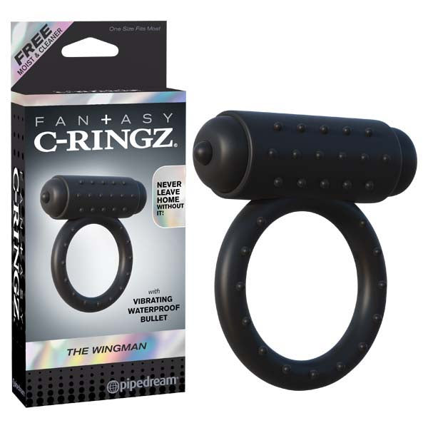 A black vibrating cock ring with a textured surface and a small bullet vibrator. The product is shown alongside its packaging, which features the product name and description.