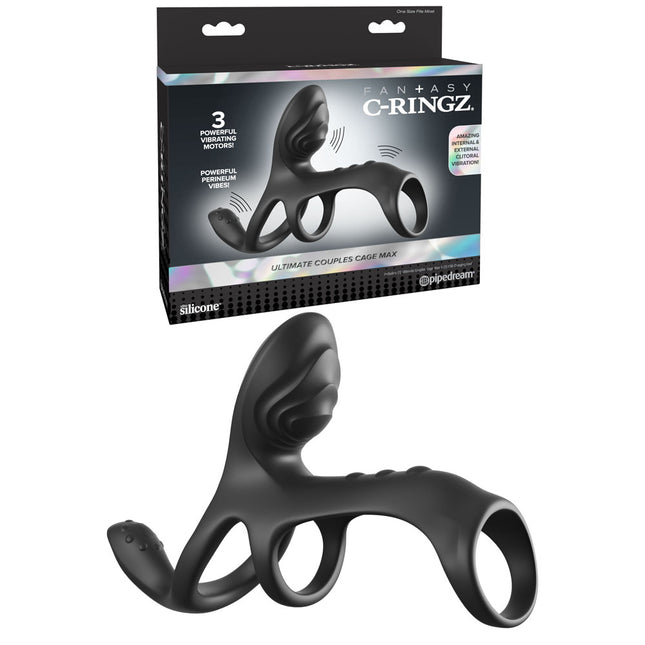 Fantasy C-Ringz Ultimate Couples Cage Max - Black Vibrating Cock Ring Cage