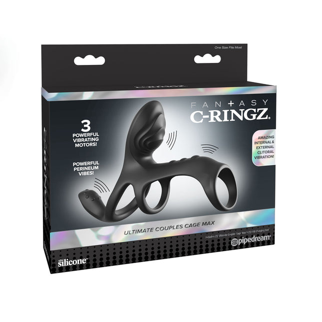 Fantasy C-Ringz Ultimate Couples Cage Max - Black Vibrating Cock Ring Cage